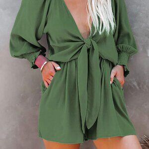 Womens Olive Green Tie Knot Front V-Neck Jumpsuit - Large